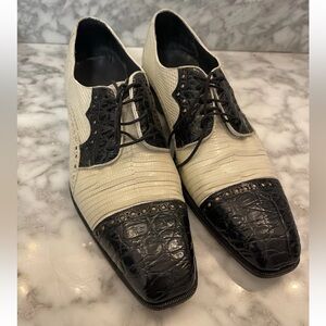 Belvedere Hand Made Two Tone Genuine Lizard Crocodile Shoe Black/White Size 8